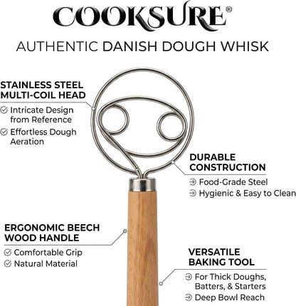 Danish Dough Whisk for Sourdough Bread – 13 Inch Bread Whisk with Wooden Handle – 304 Stainless Steel Hook for Heavy Dough Baking, Swedish Dough Whisk Tool