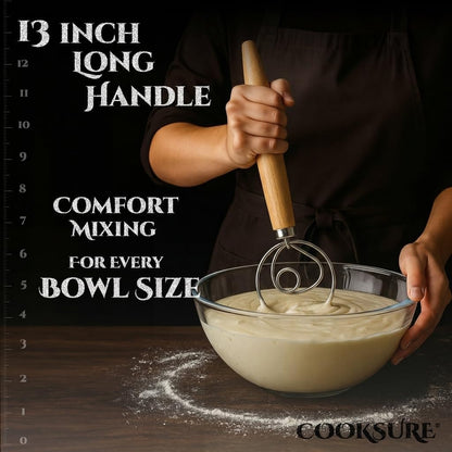 Danish Dough Whisk for Sourdough Bread – 13 Inch Bread Whisk with Wooden Handle – 304 Stainless Steel Hook for Heavy Dough Baking, Swedish Dough Whisk Tool