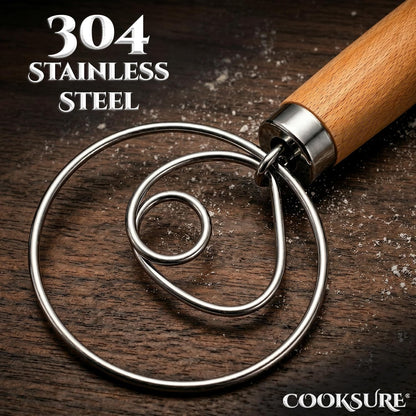 Danish Dough Whisk for Sourdough Bread – 13 Inch Bread Whisk with Wooden Handle – 304 Stainless Steel Hook for Heavy Dough Baking, Swedish Dough Whisk Tool