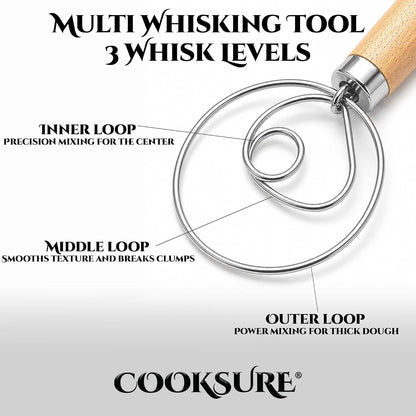 Danish Dough Whisk for Sourdough Bread – 13 Inch Bread Whisk with Wooden Handle – 304 Stainless Steel Hook for Heavy Dough Baking, Swedish Dough Whisk Tool