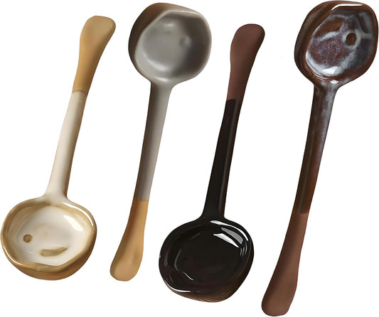 4-Pack - Ceramic Vintage Afternoon Tea, Coffee Whisk, Handmade Spoon, Long-Handle Coffee Scoop, tea scoop for loose tea and coffee