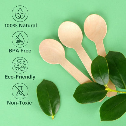 Mini Wooden Spoons, Pack of 100, 4 inch Length, Disposable Tasting Sampling Spoons, Biodegradable Compostable Eco-friendly Birchwood Taster Spoons