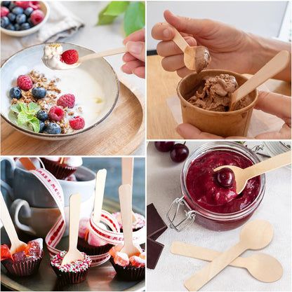 Mini Wooden Spoons, Pack of 100, 4 inch Length, Disposable Tasting Sampling Spoons, Biodegradable Compostable Eco-friendly Birchwood Taster Spoons
