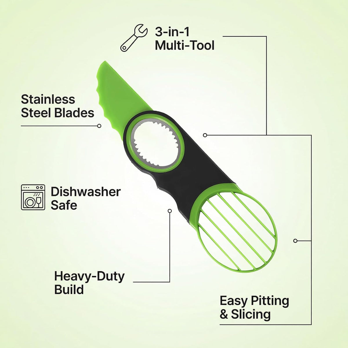 3-in-1 Avocado Slicer Tool - Stainless Steel Pit Remover, Peeler & Fruit Scooper, Non-Slip Ergonomic Grip, Dishwasher Safe (Green)