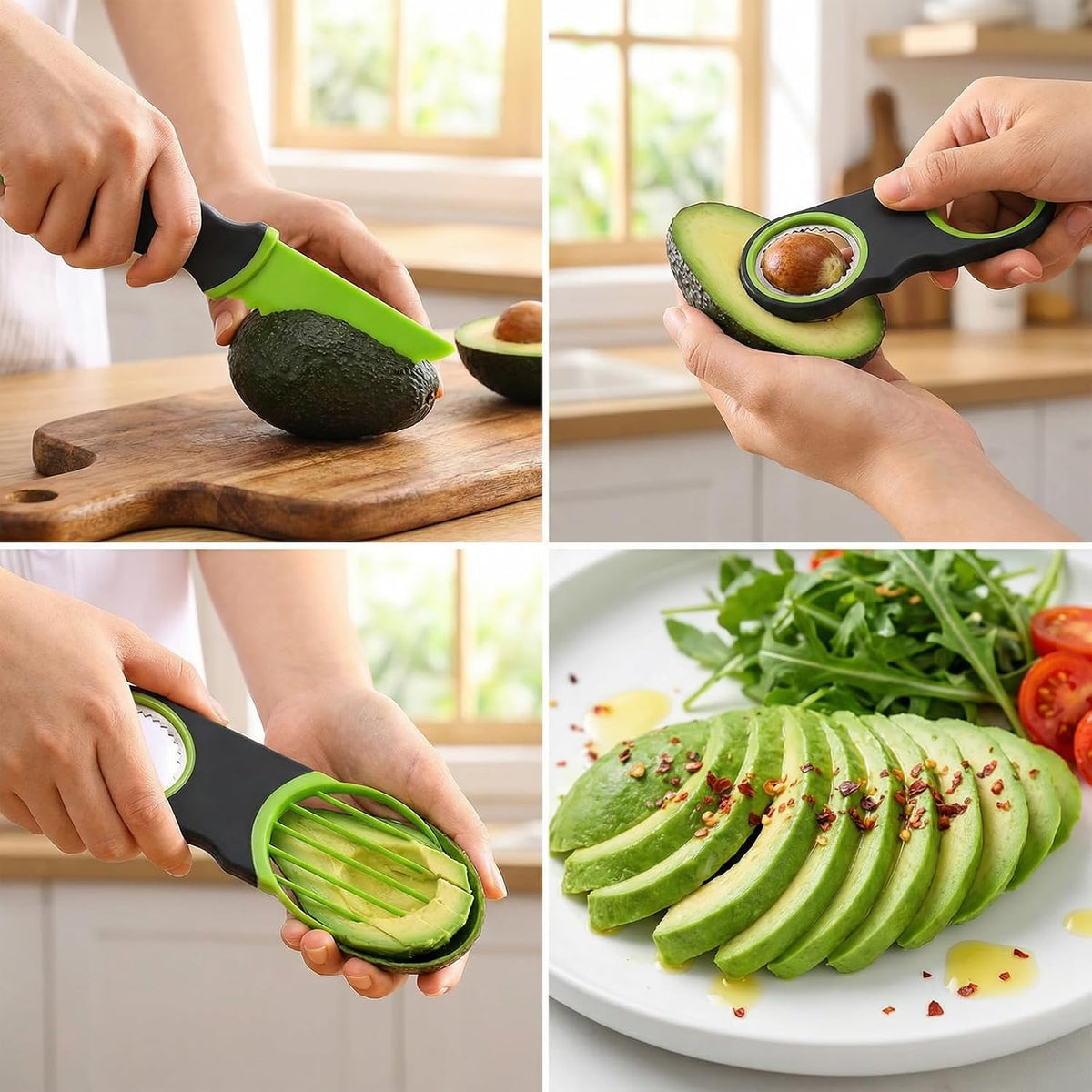 3-in-1 Avocado Slicer Tool - Stainless Steel Pit Remover, Peeler & Fruit Scooper, Non-Slip Ergonomic Grip, Dishwasher Safe (Green)