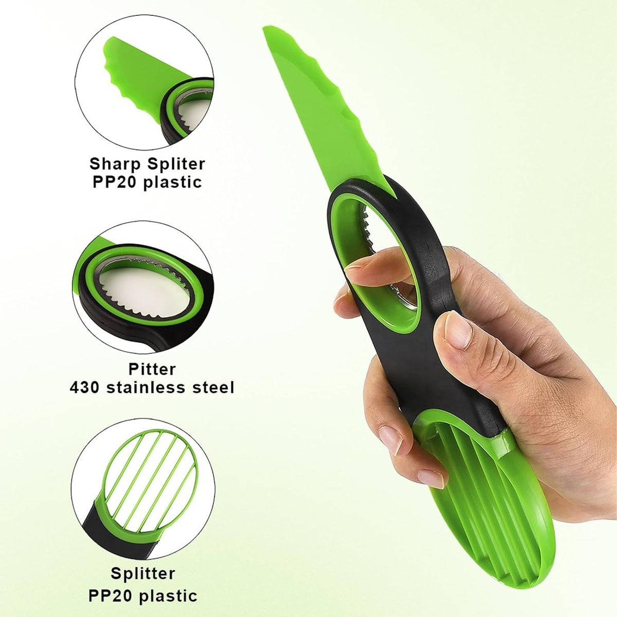 3-in-1 Avocado Slicer Tool - Stainless Steel Pit Remover, Peeler & Fruit Scooper, Non-Slip Ergonomic Grip, Dishwasher Safe (Green)