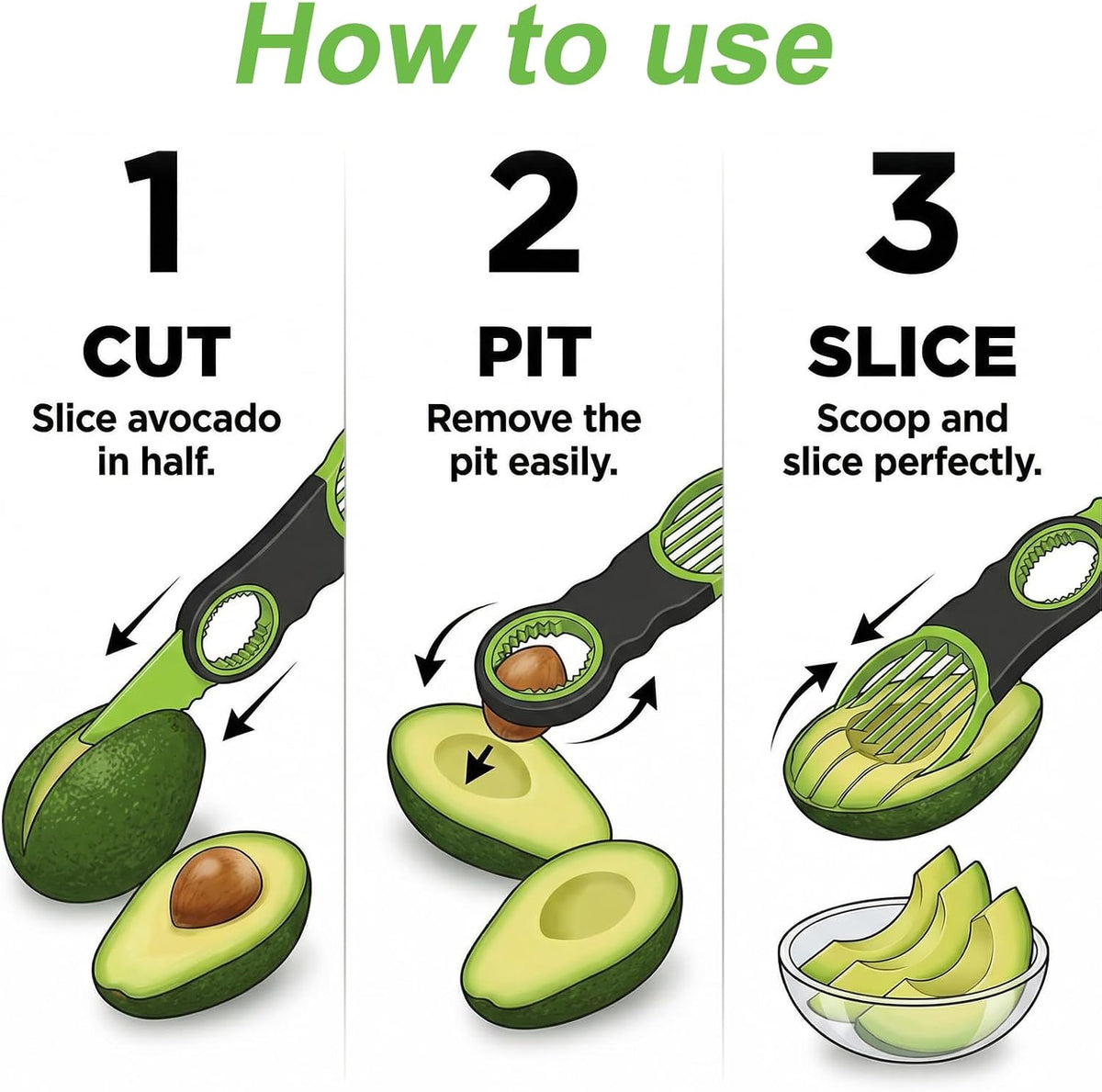 3-in-1 Avocado Slicer Tool - Stainless Steel Pit Remover, Peeler & Fruit Scooper, Non-Slip Ergonomic Grip, Dishwasher Safe (Green)