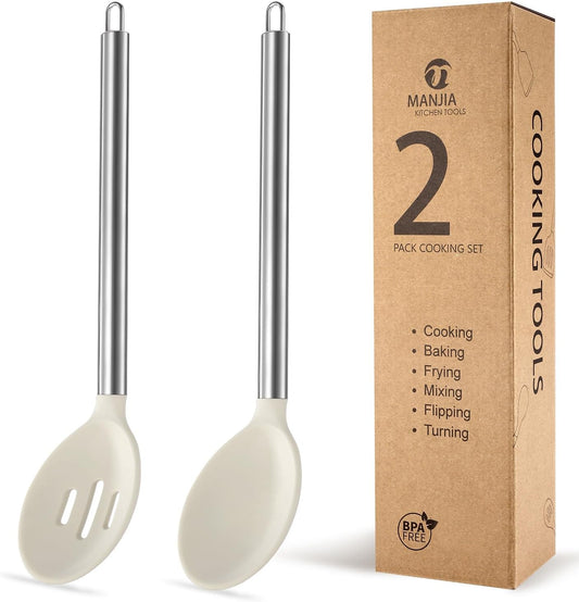 Silicone Spatulas Set, Nonstick Silicone Spoon & Turner Spatula Set, Serving Spoon kitchen Spatula for Cooking Fish, Eggs,Flipper, Cooking Utensils Set 2pcs (white-spoons)