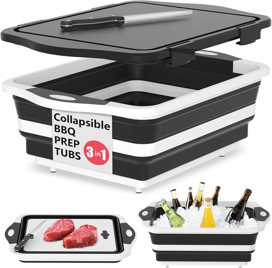 HI NINGER BBQ Prep Tub with Lid, Collapsible Camping Sink with Colander, Cutting Board & Knife Set for Grilling, Smoking & Outdoor Cooking, Collapsible Wash Basin for RV Camping Essentials