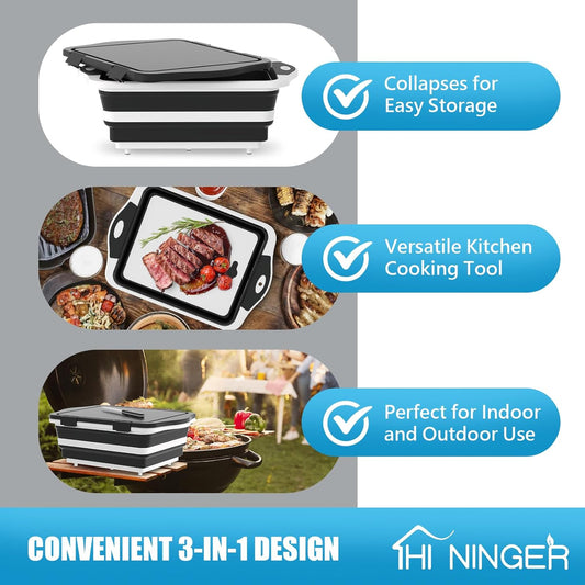 HI NINGER BBQ Prep Tub with Lid, Collapsible Camping Sink with Colander, Cutting Board & Knife Set for Grilling, Smoking & Outdoor Cooking, Collapsible Wash Basin for RV Camping Essentials