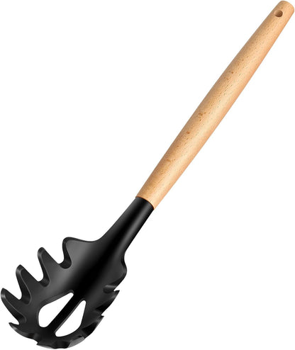 Wooden Handle Pasta Fork Spoon 12" Silicone Spaghetti Fork Food Grade Noodle Spoon, BPA Free, Spaghetti Spoons Strainer & Server Spoonss