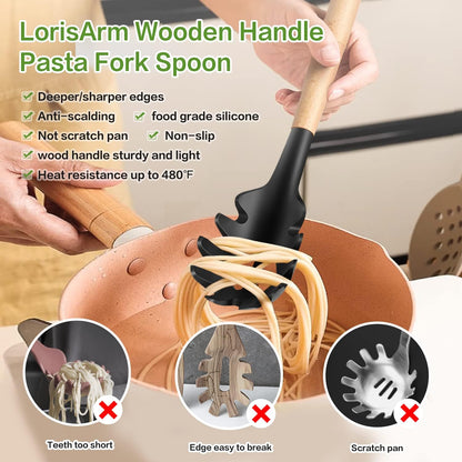 Wooden Handle Pasta Fork Spoon 12" Silicone Spaghetti Fork Food Grade Noodle Spoon, BPA Free, Spaghetti Spoons Strainer & Server Spoonss