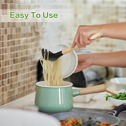 Wooden Handle Pasta Fork Spoon 12" Silicone Spaghetti Fork Food Grade Noodle Spoon, BPA Free, Spaghetti Spoons Strainer & Server Spoonss