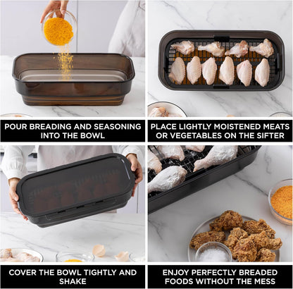 Collapsible Batter Bowl - Mess Free Breading Shaker Container - Great for Fried Fish, Fried Chicken, Onion Rings, Wings & More, Black
