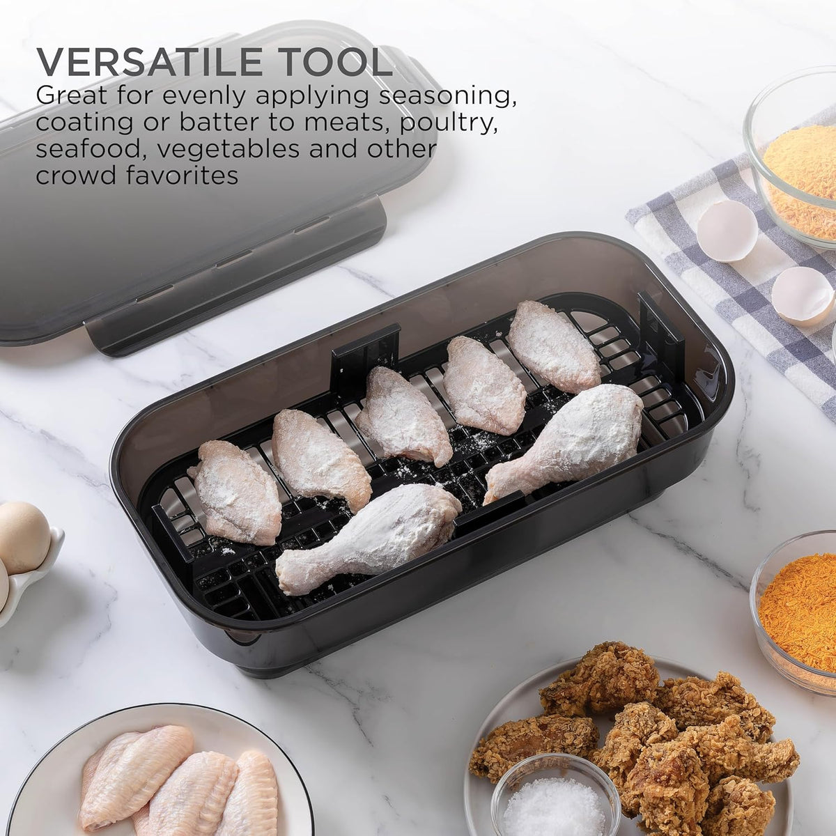 Collapsible Batter Bowl - Mess Free Breading Shaker Container - Great for Fried Fish, Fried Chicken, Onion Rings, Wings & More, Black
