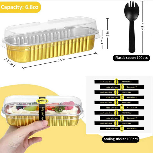 30 Pack Gold Mini Rectangular Aluminum Foil Loaf Pans with Lids 6.8oz, Spoons & Sealing Stickers Included - Perfect for Baking Mini Cakes, Parties & Gifting