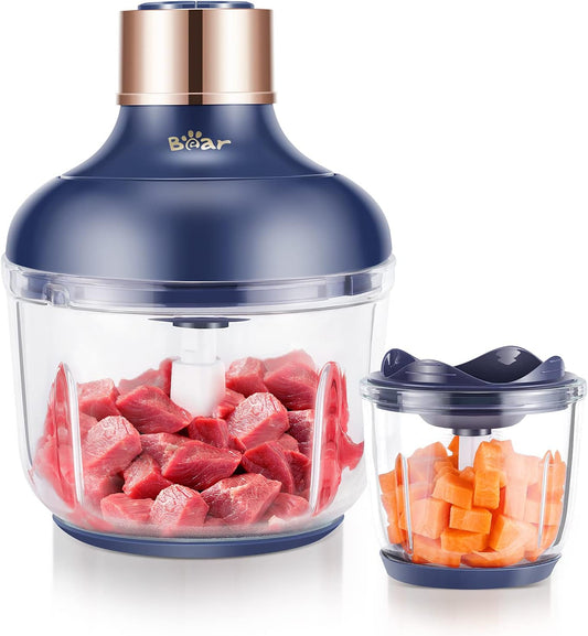 Food Processor, Electric Food Chopper with 2 Glass Bowls (8 Cup+2.5 Cup), 400W Power Grinder with 2 Sets Stainless Steel Blades, 2 Speed for Meat, Vegetables, and Baby Food