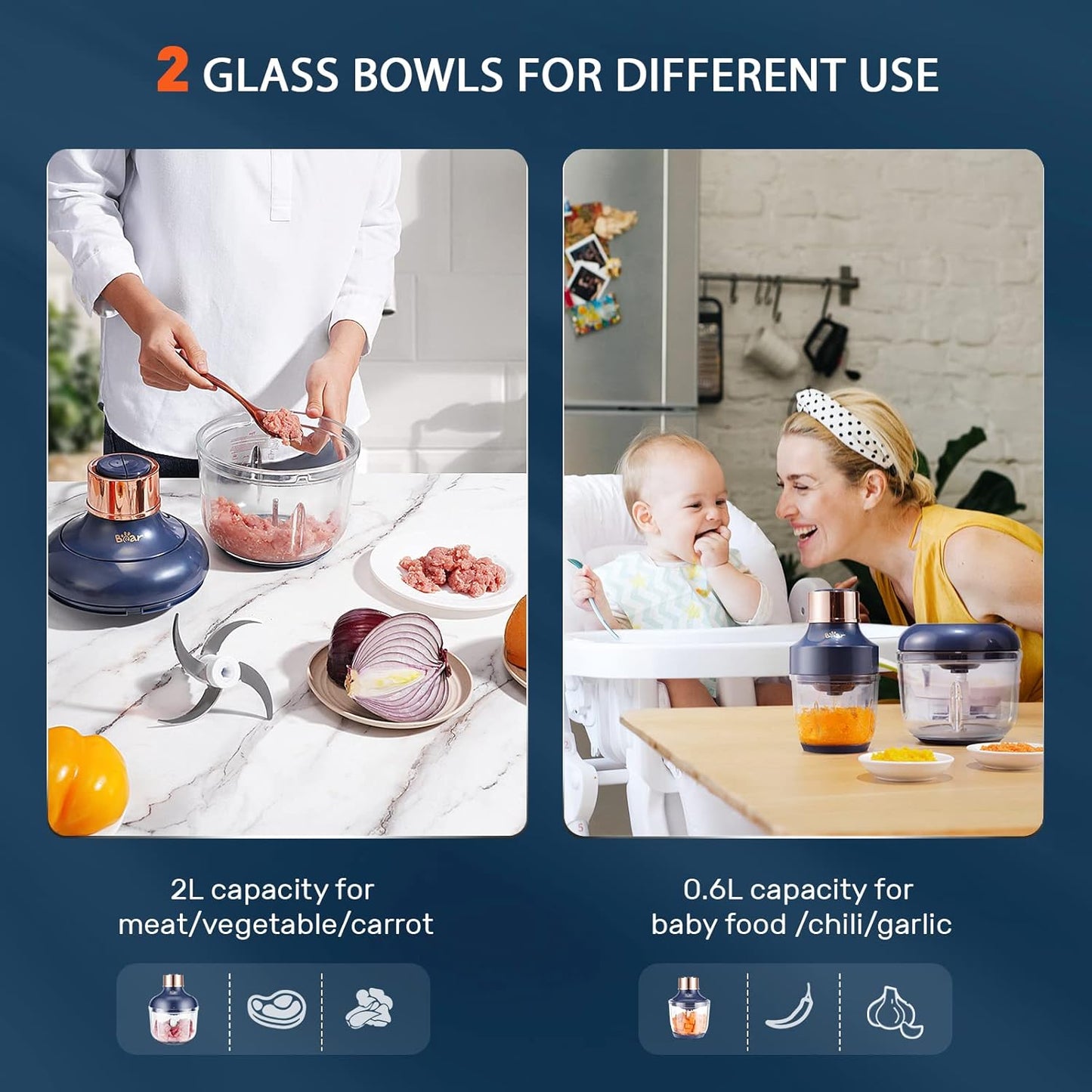 Food Processor, Electric Food Chopper with 2 Glass Bowls (8 Cup+2.5 Cup), 400W Power Grinder with 2 Sets Stainless Steel Blades, 2 Speed for Meat, Vegetables, and Baby Food