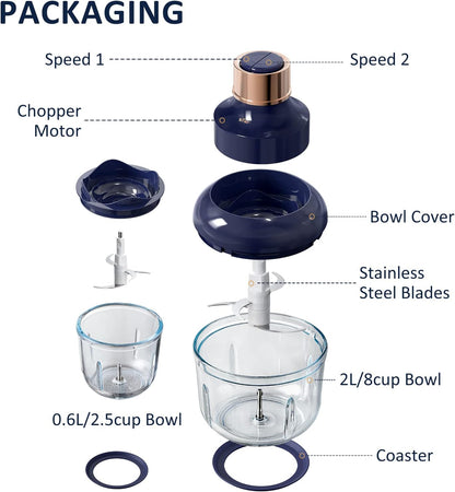 Food Processor, Electric Food Chopper with 2 Glass Bowls (8 Cup+2.5 Cup), 400W Power Grinder with 2 Sets Stainless Steel Blades, 2 Speed for Meat, Vegetables, and Baby Food