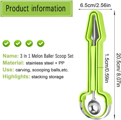 Melon Baller Scoop Set, Stainless Steel 3-in-1 Fruit Carving Tools Knife Kit, Kitchen Gadgets for Easy Fruit Preparation and Perfectly Shaped Fruit