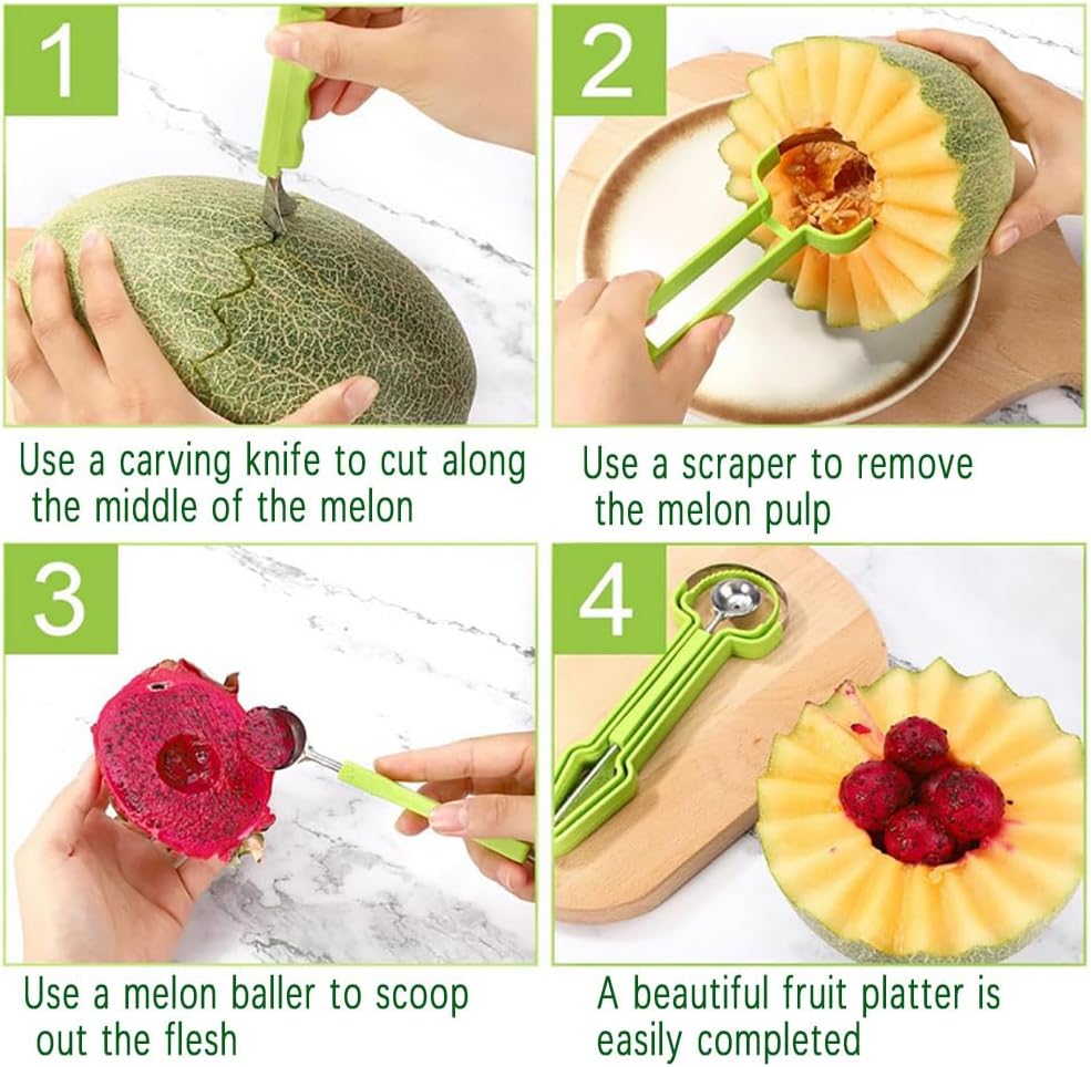 Melon Baller Scoop Set, Stainless Steel 3-in-1 Fruit Carving Tools Knife Kit, Kitchen Gadgets for Easy Fruit Preparation and Perfectly Shaped Fruit