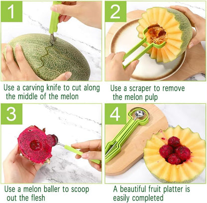 Melon Baller Scoop Set, Stainless Steel 3-in-1 Fruit Carving Tools Knife Kit, Kitchen Gadgets for Easy Fruit Preparation and Perfectly Shaped Fruit