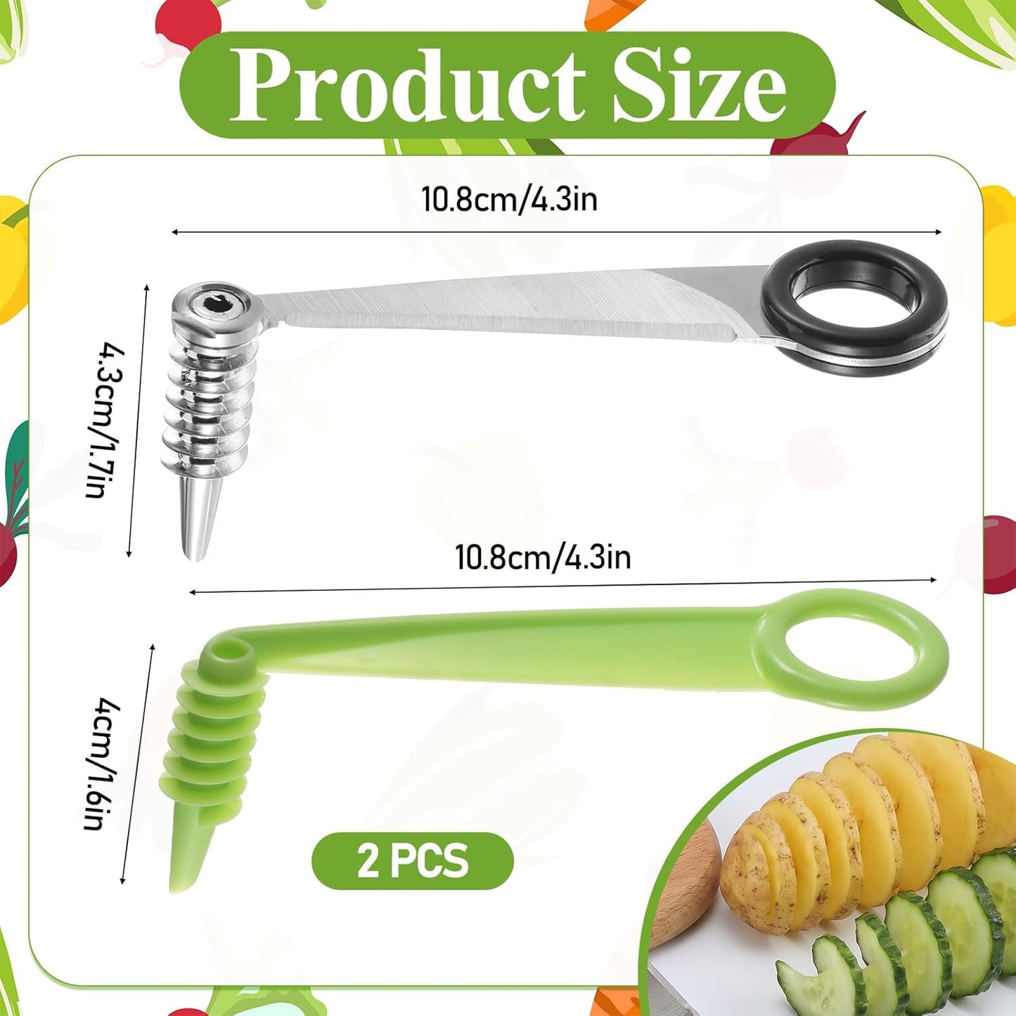 2 Pack Spiral Cutter Knives for Potato Vegetable Spiralizer Plastic Stainless Steel Spiral Knife Manual spiral Cutter for Kitchen Accessories Fruits Carrots Cucumbers Tools Home