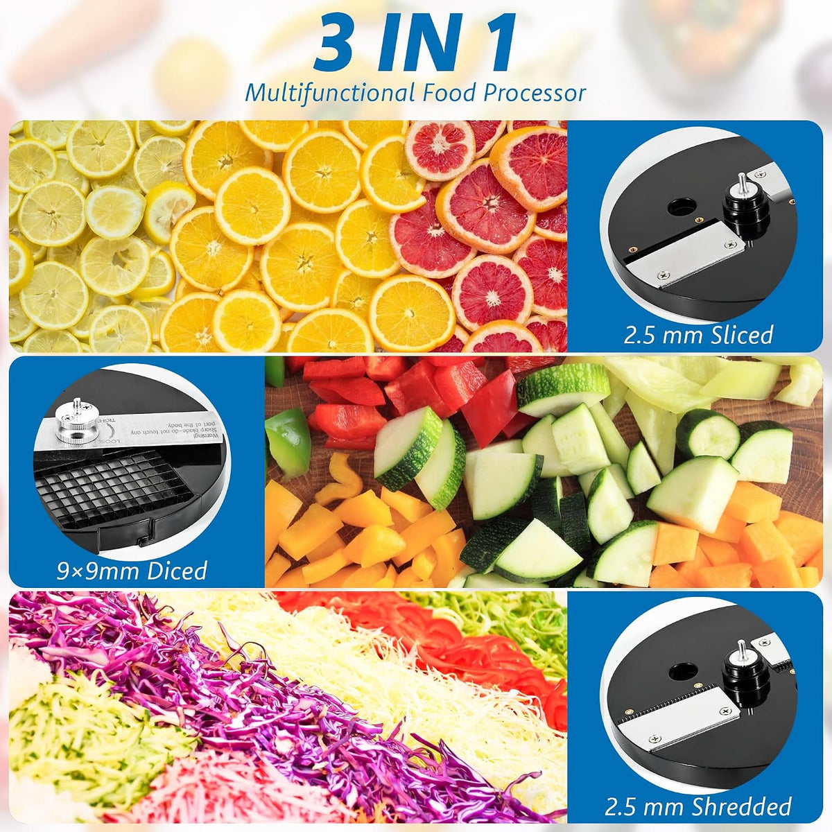 3 in 1 Electric Vegetable Chopper Slicer, Multifunctional Onion Chopper Food Dicer Shredder Processor, Automatic Veggie Fruit Cutting Dicing Machine with Stainless Steel Blades for Commercial Home Use