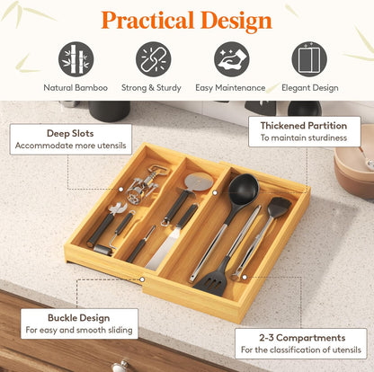 Utensil Organizer for Kitchen Drawer, Expandable Cooking Utensil Tray, Cutlery Silverware Flatware Holder, Wood Adjustable Spatula Tools Storage Divider, 8.9-15.8 x 15.75, Natural