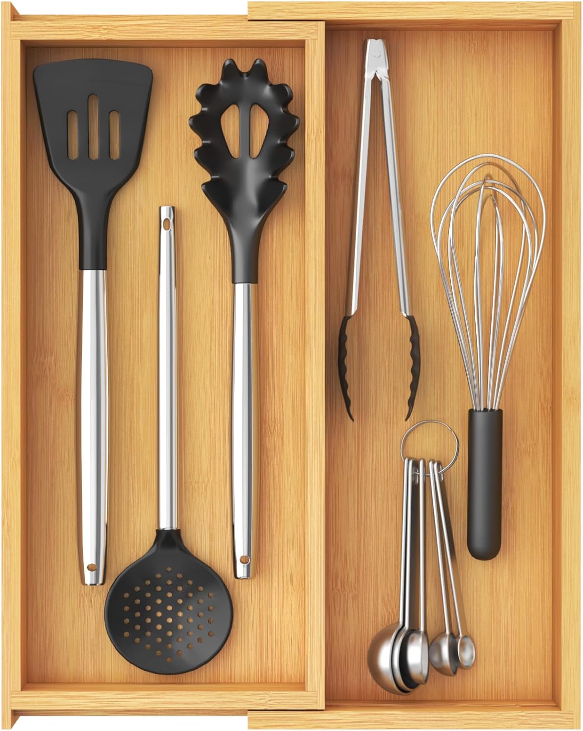 Utensil Organizer for Kitchen Drawer, Expandable Cooking Utensil Tray, Cutlery Silverware Flatware Holder, Wood Adjustable Spatula Tools Storage Divider, 8.9-15.8 x 15.75, Natural