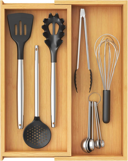 Utensil Organizer for Kitchen Drawer, Expandable Cooking Utensil Tray, Cutlery Silverware Flatware Holder, Wood Adjustable Spatula Tools Storage Divider, 8.9-15.8 x 15.75, Natural