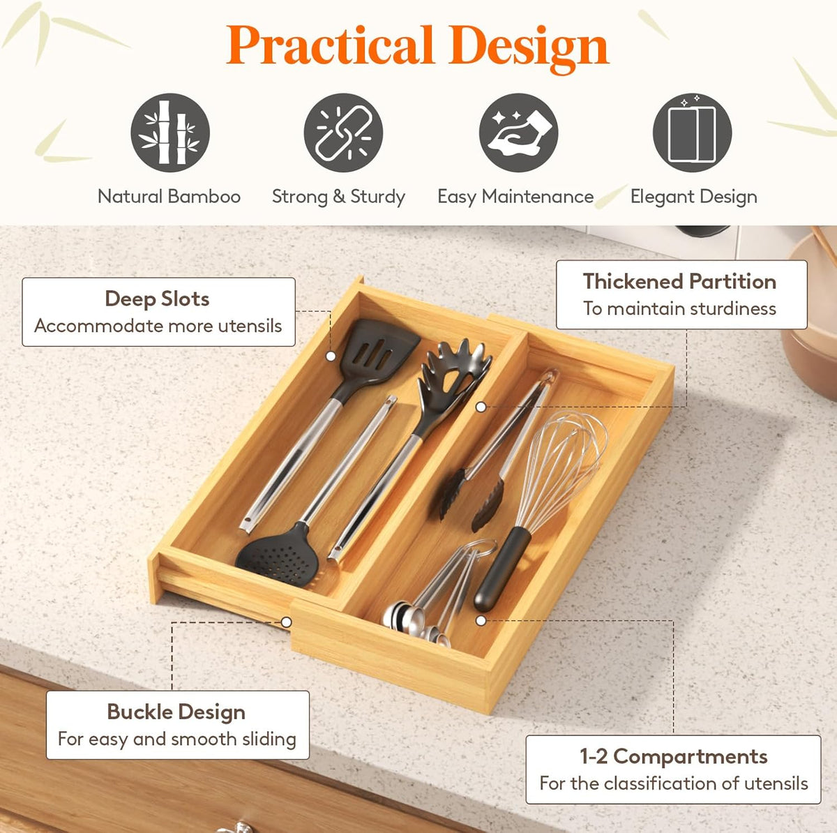 Utensil Organizer for Kitchen Drawer, Expandable Cooking Utensil Tray, Cutlery Silverware Flatware Holder, Wood Adjustable Spatula Tools Storage Divider, 8.9-15.8 x 15.75, Natural