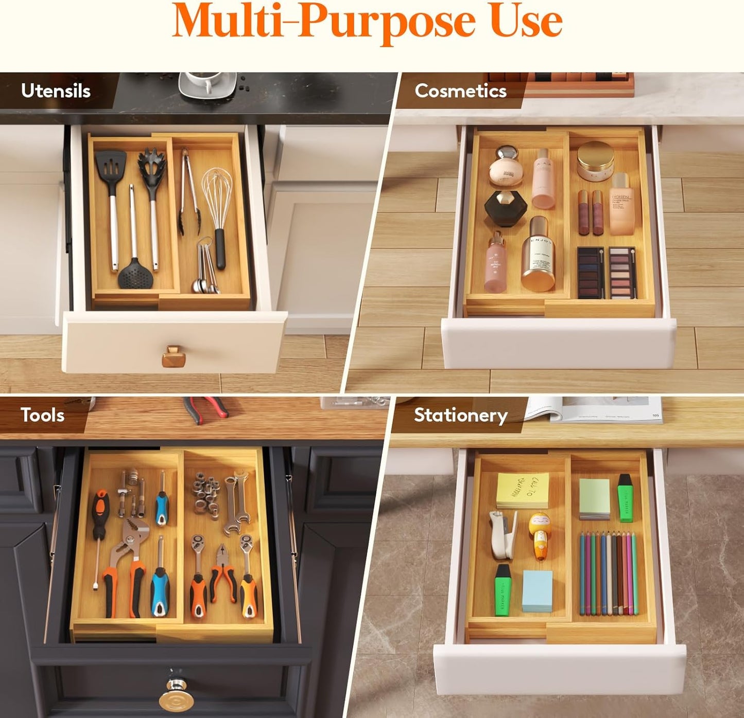 Utensil Organizer for Kitchen Drawer, Expandable Cooking Utensil Tray, Cutlery Silverware Flatware Holder, Wood Adjustable Spatula Tools Storage Divider, 8.9-15.8 x 15.75, Natural