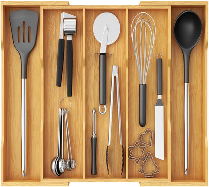 Utensil Organizer for Kitchen Drawer, Expandable Cooking Utensil Tray, Cutlery Silverware Flatware Holder, Wood Adjustable Spatula Tools Storage Divider, 8.9-15.8 x 15.75, Natural