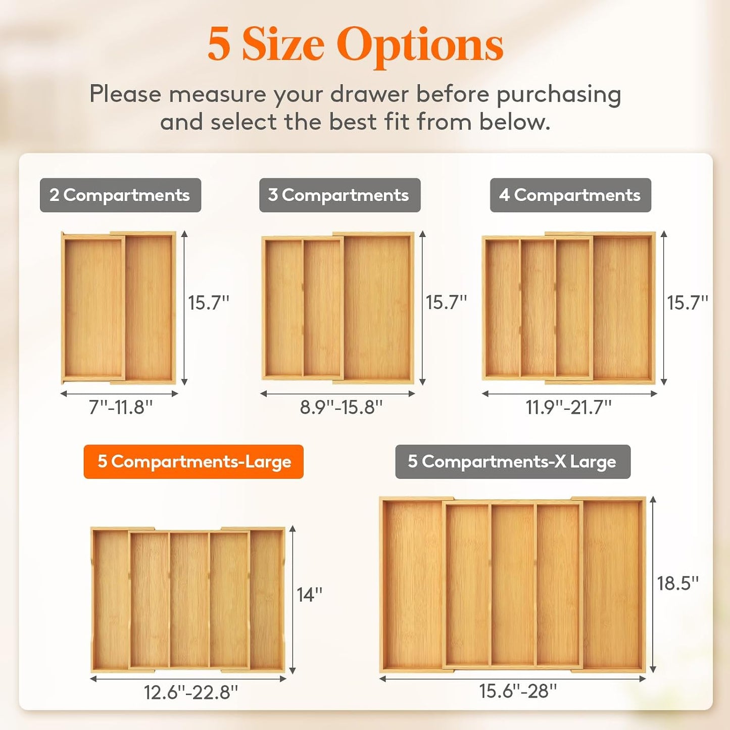 Utensil Organizer for Kitchen Drawer, Expandable Cooking Utensil Tray, Cutlery Silverware Flatware Holder, Wood Adjustable Spatula Tools Storage Divider, 8.9-15.8 x 15.75, Natural