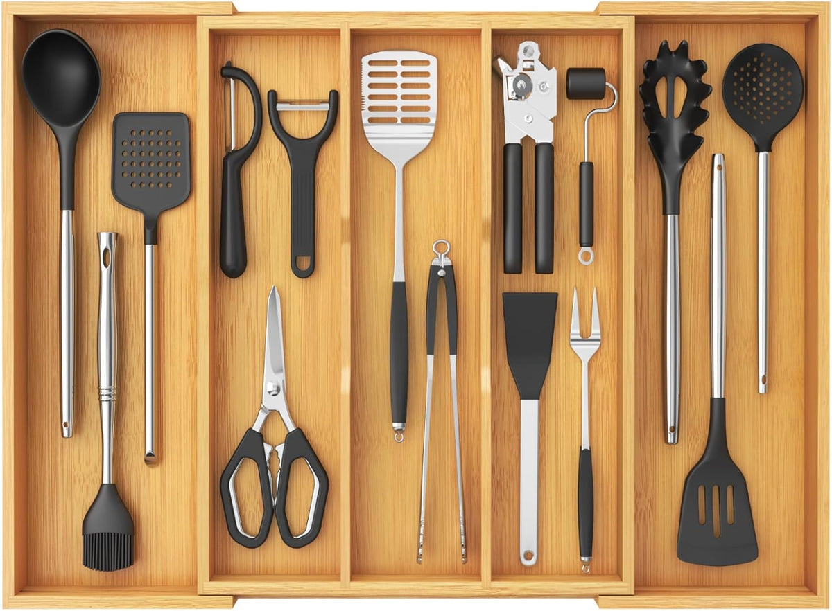 Utensil Organizer for Kitchen Drawer, Expandable Cooking Utensil Tray, Cutlery Silverware Flatware Holder, Wood Adjustable Spatula Tools Storage Divider, 8.9-15.8 x 15.75, Natural