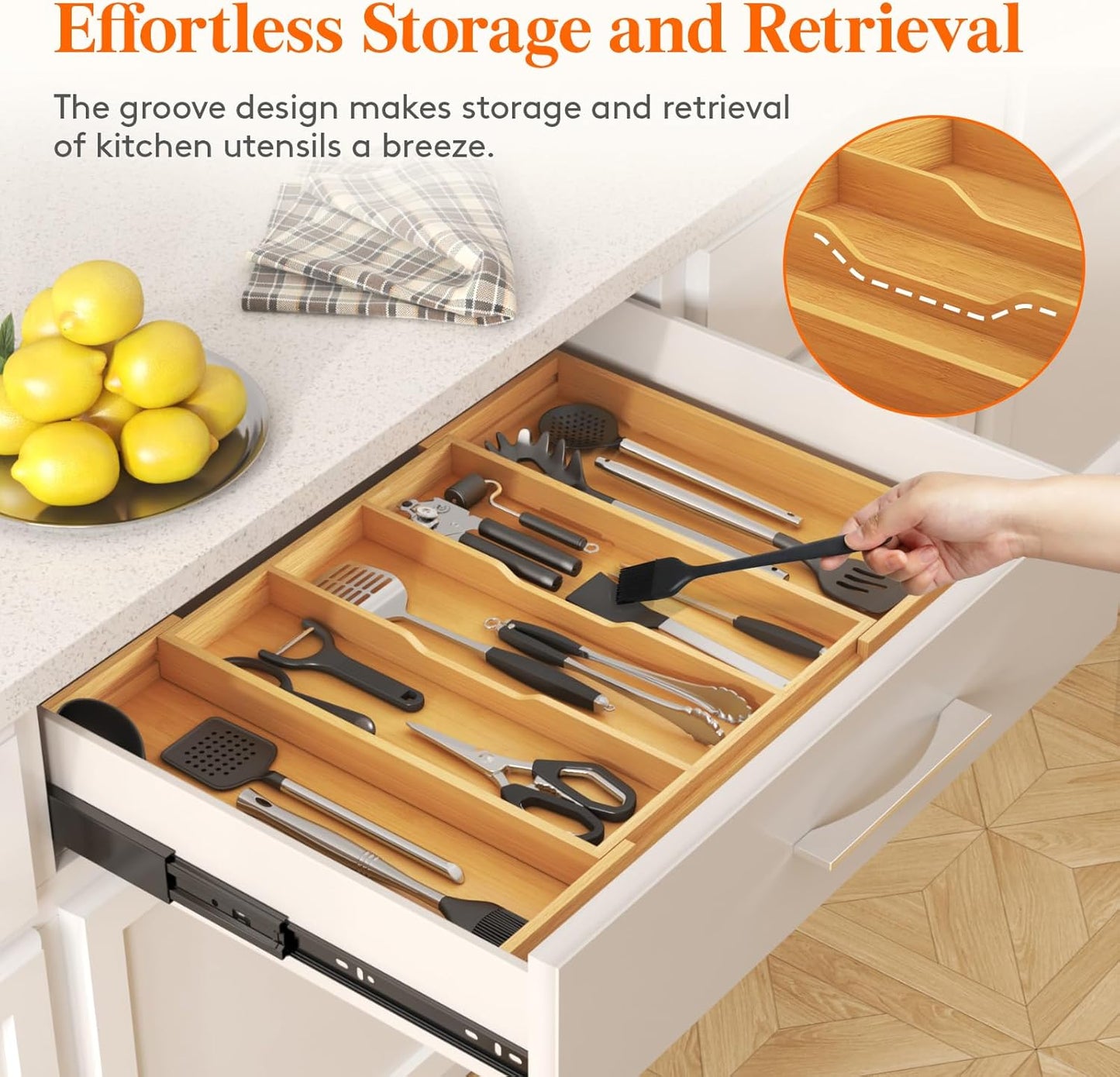 Utensil Organizer for Kitchen Drawer, Expandable Cooking Utensil Tray, Cutlery Silverware Flatware Holder, Wood Adjustable Spatula Tools Storage Divider, 8.9-15.8 x 15.75, Natural