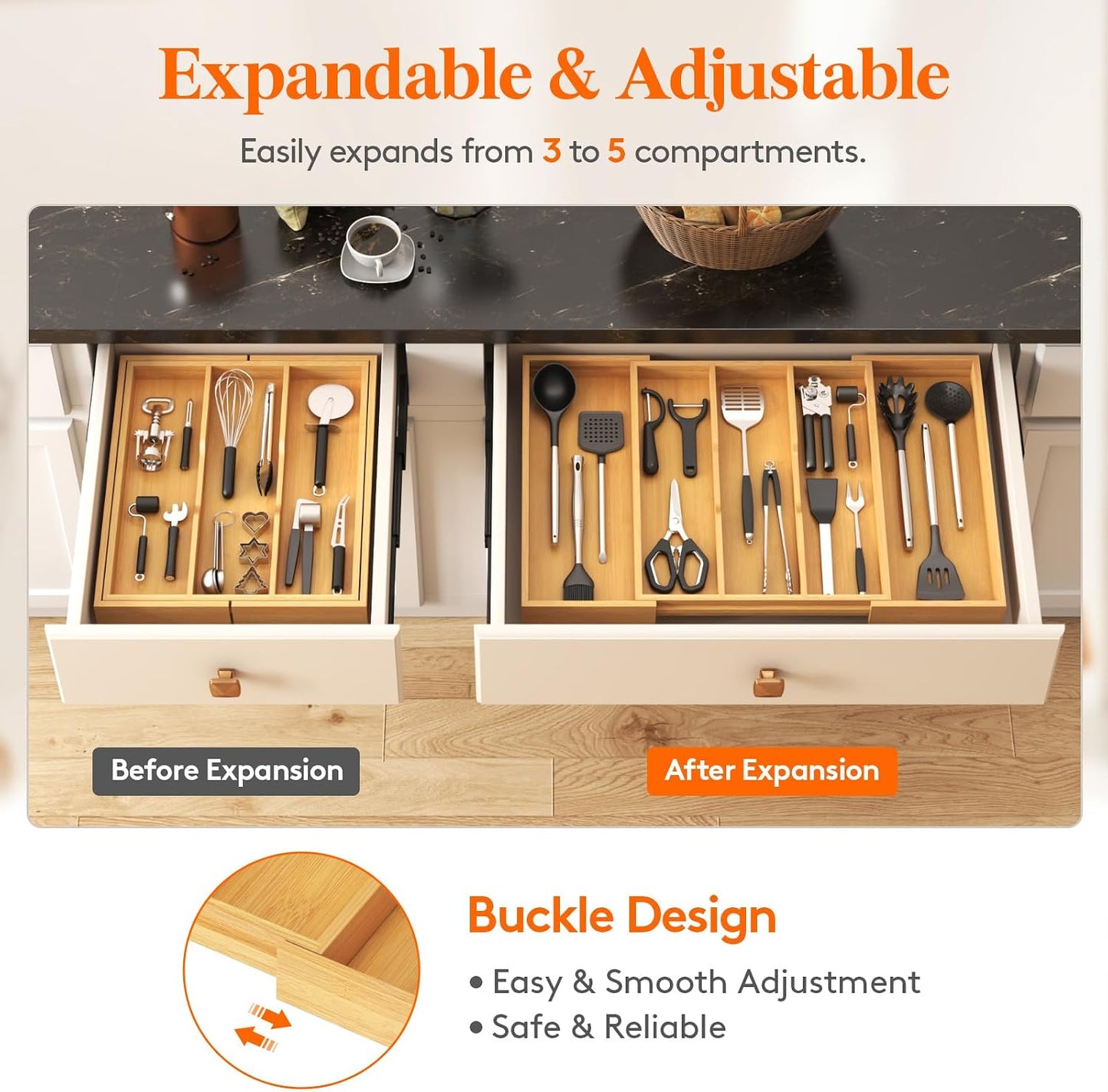 Utensil Organizer for Kitchen Drawer, Expandable Cooking Utensil Tray, Cutlery Silverware Flatware Holder, Wood Adjustable Spatula Tools Storage Divider, 8.9-15.8 x 15.75, Natural