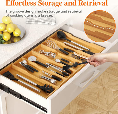 Utensil Organizer for Kitchen Drawer, Expandable Cooking Utensil Tray, Cutlery Silverware Flatware Holder, Wood Adjustable Spatula Tools Storage Divider, 8.9-15.8 x 15.75, Natural