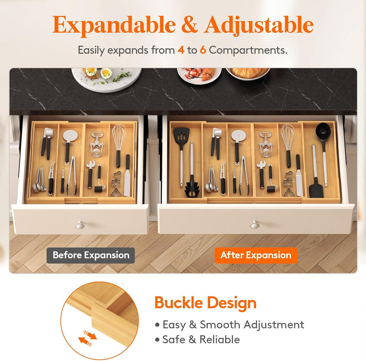 Utensil Organizer for Kitchen Drawer, Expandable Cooking Utensil Tray, Cutlery Silverware Flatware Holder, Wood Adjustable Spatula Tools Storage Divider, 8.9-15.8 x 15.75, Natural