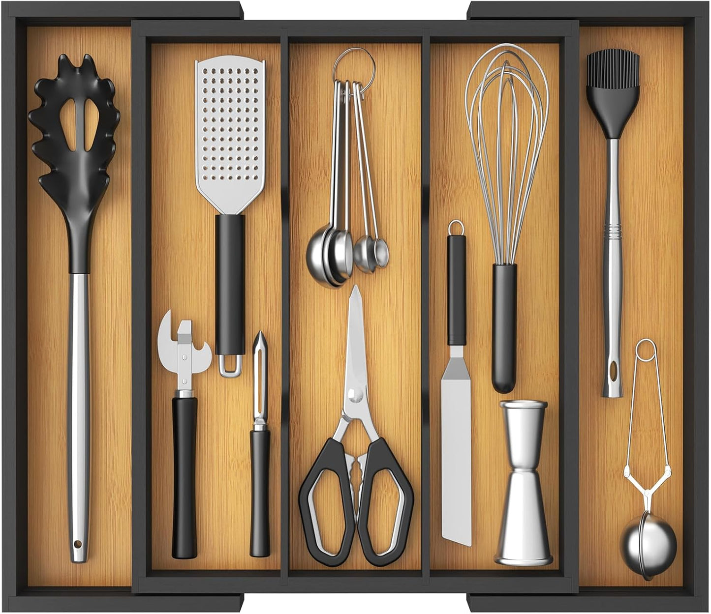 Utensil Organizer for Kitchen Drawer, Expandable Cooking Utensil Tray, Cutlery Silverware Flatware Holder, Wood Adjustable Spatula Tools Storage Divider, 8.9-15.8 x 15.75, Natural