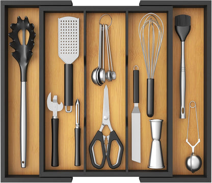 Utensil Organizer for Kitchen Drawer, Expandable Cooking Utensil Tray, Cutlery Silverware Flatware Holder, Wood Adjustable Spatula Tools Storage Divider, 8.9-15.8 x 15.75, Natural