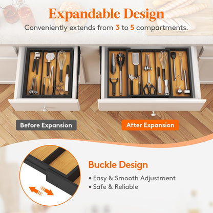 Utensil Organizer for Kitchen Drawer, Expandable Cooking Utensil Tray, Cutlery Silverware Flatware Holder, Wood Adjustable Spatula Tools Storage Divider, 8.9-15.8 x 15.75, Natural
