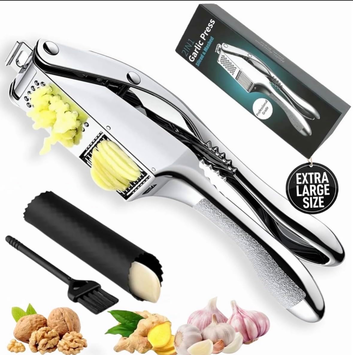 Garlic Press 3 in 1 Stainless Steel & Peeler – Durable Garlic Mincer, Crusher & Chopper with Silicone Roller & Cleaning Brush – Dishwasher Safe Kitchen Gadget