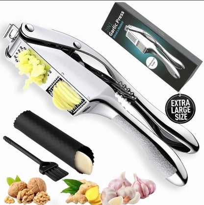 Garlic Press 3 in 1 Stainless Steel & Peeler – Durable Garlic Mincer, Crusher & Chopper with Silicone Roller & Cleaning Brush – Dishwasher Safe Kitchen Gadget