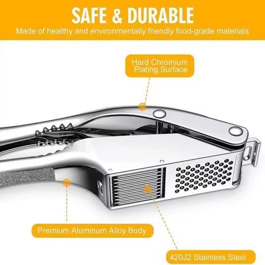 Garlic Press 3 in 1 Stainless Steel & Peeler – Durable Garlic Mincer, Crusher & Chopper with Silicone Roller & Cleaning Brush – Dishwasher Safe Kitchen Gadget