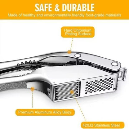 Garlic Press 3 in 1 Stainless Steel & Peeler – Durable Garlic Mincer, Crusher & Chopper with Silicone Roller & Cleaning Brush – Dishwasher Safe Kitchen Gadget