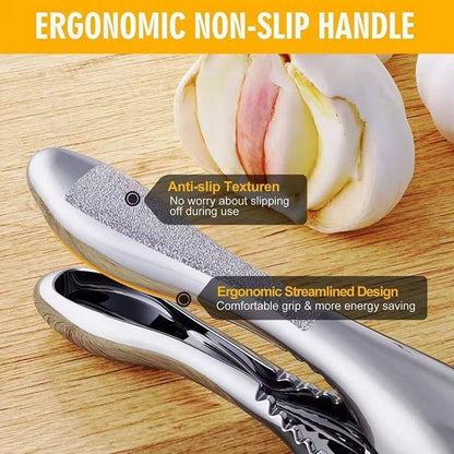 Garlic Press 3 in 1 Stainless Steel & Peeler – Durable Garlic Mincer, Crusher & Chopper with Silicone Roller & Cleaning Brush – Dishwasher Safe Kitchen Gadget