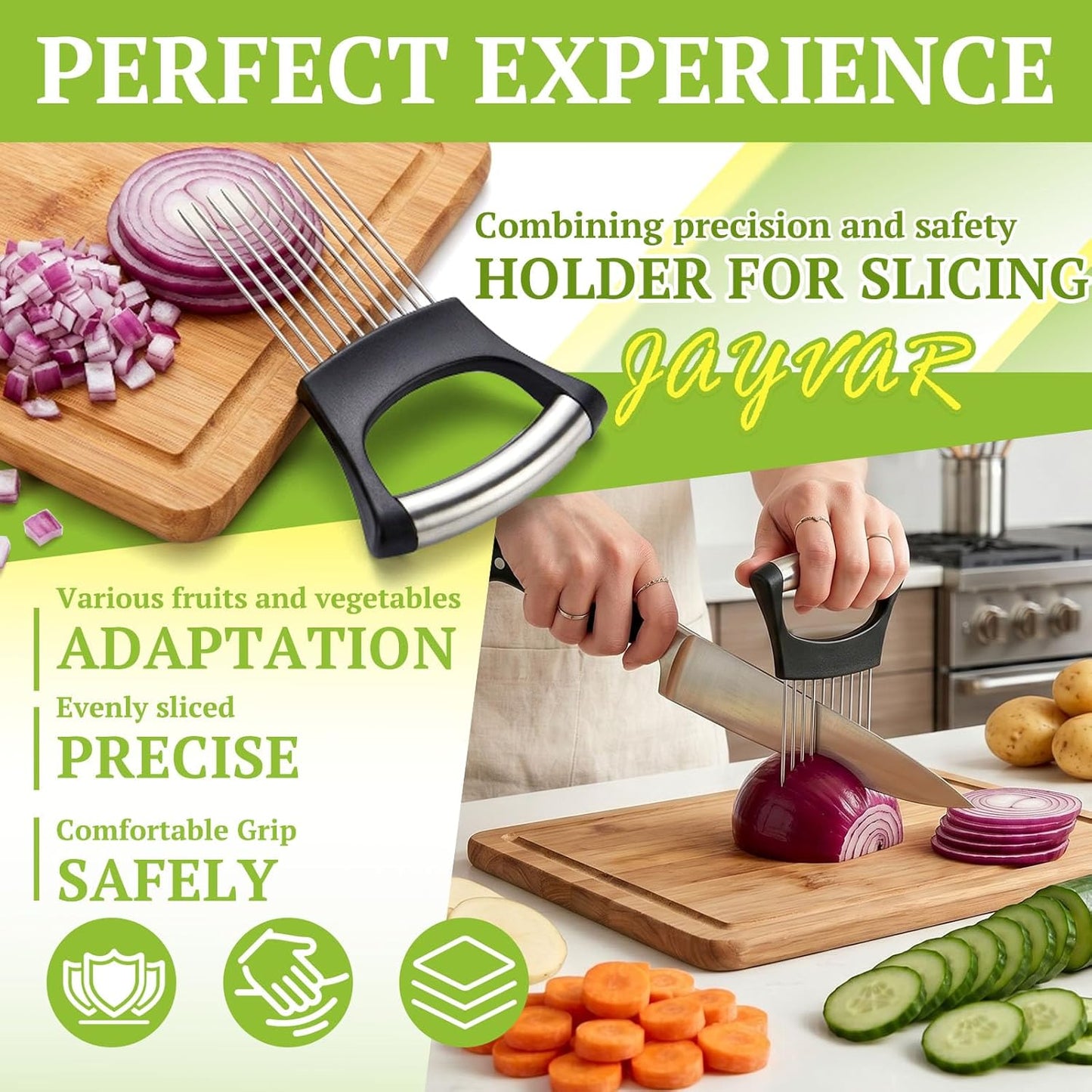 Onion Holder for Slicing, 304 Stainless Steel | 10 Long Needles, Vegetable Chopper, Food Slicing Guide, Multi-Purpose Cutter for Tomato Potato
