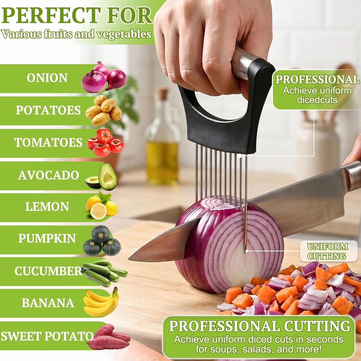 Onion Holder for Slicing, 304 Stainless Steel | 10 Long Needles, Vegetable Chopper, Food Slicing Guide, Multi-Purpose Cutter for Tomato Potato